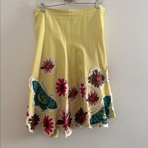 Odille Yellow A-Line Skirt with Teal Butterfly & Pink Floral Appliqué